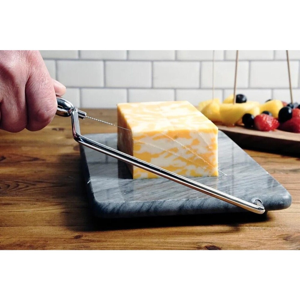 RSVP Natural Grey Marble Cheese Slicer Board 8”x5” Stainless Steel Wire Cutter - Picture 7 of 8